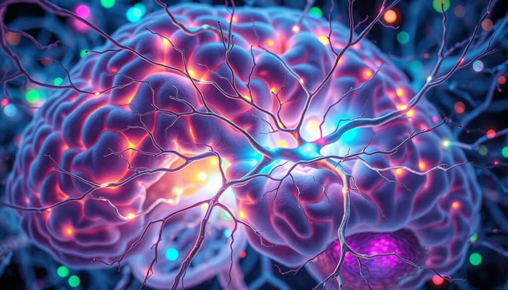 Intricate neural pathways, a vibrant cerebral landscape illuminated by the glow of synaptic connections. Delicate axons and dendrites intertwine, forming a tapestry of neuroplastic potential. Shades of gray matter blend with vibrant bursts of color, representing the dynamic adaptability of the human brain. A cross-sectional view reveals the hidden architecture, showcasing the remarkable capacity for the mind to reshape and rewire itself. Soft, diffused lighting highlights the intricate details, lending an ethereal, almost mystical quality to the scene. Compositionally balanced, the image invites the viewer to explore the wonders of neuroplasticity, the science of cerebral transformation.