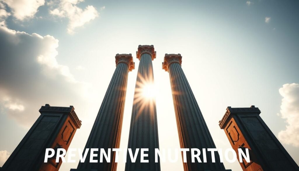 Pillars of Preventive Nutrition: A striking visual representation of the core elements that sustain a healthy, proactive approach to nourishing the body and mind. Against a serene, softly-lit backdrop, four towering pillars rise, each symbolizing a fundamental principle of preventive nutrition - wholesome, nutrient-dense foods; mindful hydration; targeted supplements; and a balanced, restorative lifestyle. Sunlight filters through the pillars, casting warm, inviting shadows that speak to the holistic, life-enhancing nature of this guiding philosophy. The overall composition evokes a sense of stability, clarity, and a forward-looking perspective on wellness and longevity.