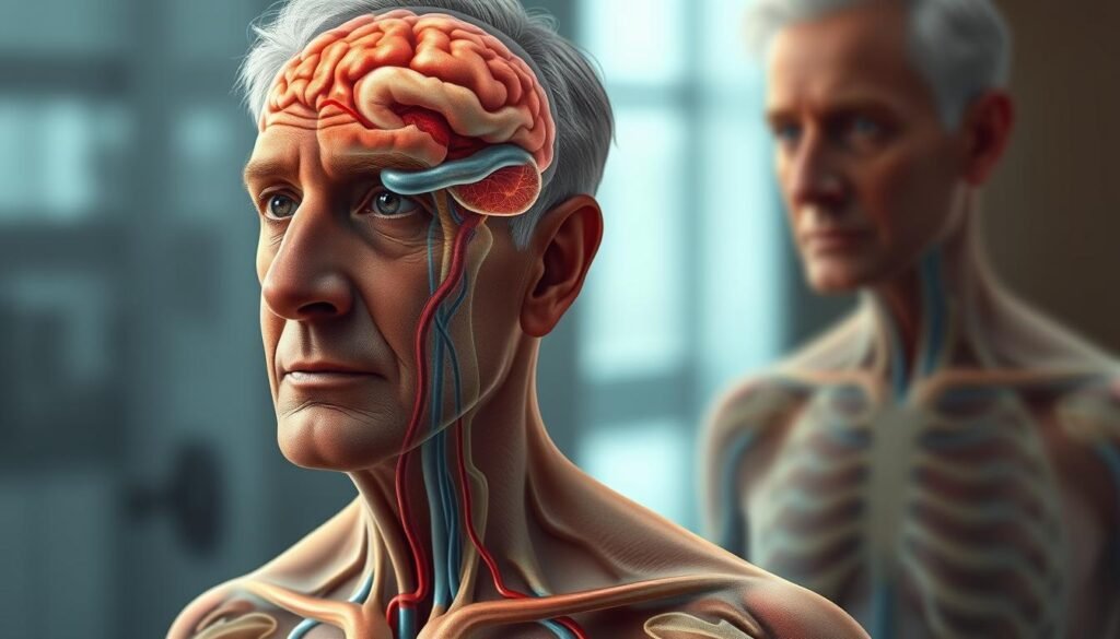 a detailed, realistic digital painting of the impact of aging on the brain and body, showcasing the effects on the human nervous system, circulatory system, and overall physiological changes. Depicting a middle-aged adult figure in the foreground, with a cross-sectional view of the brain and body in the midground, and a softly blurred background suggesting a medical or scientific setting. The painting should convey a sense of contemplation and enlightenment, using a warm, muted color palette and careful attention to anatomical accuracy and detail. Lighting should be natural and directional, highlighting the central figure and drawing the viewer's attention to the internal changes. The overall mood should inspire a deeper understanding of the importance of healthy habits for maintaining cognitive and physical vitality in the second half of life. a detailed, realistic digital painting of the impact of aging on the brain and body, showcasing the effects on the human nervous system, circulatory system, and overall physiological changes. Depicting a middle-aged adult figure in the foreground, with a cross-sectional view of the brain and body in the midground, and a softly blurred background suggesting a medical or scientific setting. The painting should convey a sense of contemplation and enlightenment, using a warm, muted color palette and careful attention to anatomical accuracy and detail. Lighting should be natural and directional, highlighting the central figure and drawing the viewer's attention to the internal changes. The overall mood should inspire a deeper understanding of the importance of healthy habits for maintaining cognitive and physical vitality in the second half of life.