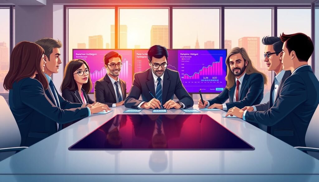 A conceptual illustration representing "Behavioral Intelligence" in a modern office setting. In the foreground, a diverse group of professionals, dressed in business attire, are engaged in a collaborative brainstorming session around a sleek conference table. Their expressions show deep concentration and teamwork. In the middle ground, digital screens display vibrant graphs and charts that symbolize data-driven decision-making. The background features a softly lit urban landscape visible through large windows, suggesting innovation and growth. The lighting is bright yet warm, creating an inviting atmosphere. The perspective should focus slightly above eye level, enhancing the collaborative energy of the scene, while ensuring clarity and detail in facial expressions and body language.