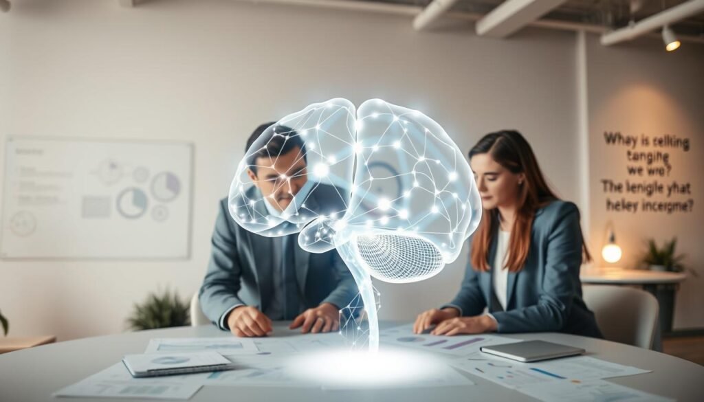 A conceptual representation of human behavioral intelligence theory. In the foreground, a diverse group of three professionals, a man and two women, engaged in a collaborative discussion over a table filled with charts and graphs. They are dressed in smart business attire, exuding focus and creativity. In the middle ground, a translucent brain structure made of interconnected neural pathways gently glows, symbolizing cognitive processes and decision-making. The background features a softly lit office environment with abstract diagrams and inspirational quotes on the walls. Soft, warm lighting casts an inviting atmosphere, suggesting innovation and growth. The image conveys a sense of teamwork and intellectual exploration, emphasizing the connection between understanding human behavior and achieving successful outcomes.