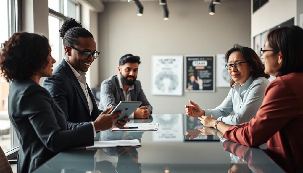 A diverse group of four professionals engaged in a dynamic brainstorming session around a modern conference table. In the foreground, a confident Black woman in business attire is leading the discussion, animatedly pointing at a digital tablet. Beside her, a Middle-Eastern man takes notes, while a Caucasian woman and an Asian man listen attentively, their expressions reflecting curiosity and engagement. The middle ground showcases a bright, open office space with large windows flooding in natural light, creating a warm atmosphere. In the background, motivational posters emphasizing teamwork and intelligence are subtly visible. The lighting is soft yet focused, creating an inspiring environment that highlights collaboration and behavioral intelligence. The angle is slightly elevated, giving a comprehensive view of the group and their interaction. A diverse group of four professionals engaged in a dynamic brainstorming session around a modern conference table. In the foreground, a confident Black woman in business attire is leading the discussion, animatedly pointing at a digital tablet. Beside her, a Middle-Eastern man takes notes, while a Caucasian woman and an Asian man listen attentively, their expressions reflecting curiosity and engagement. The middle ground showcases a bright, open office space with large windows flooding in natural light, creating a warm atmosphere. In the background, motivational posters emphasizing teamwork and intelligence are subtly visible. The lighting is soft yet focused, creating an inspiring environment that highlights collaboration and behavioral intelligence. The angle is slightly elevated, giving a comprehensive view of the group and their interaction.