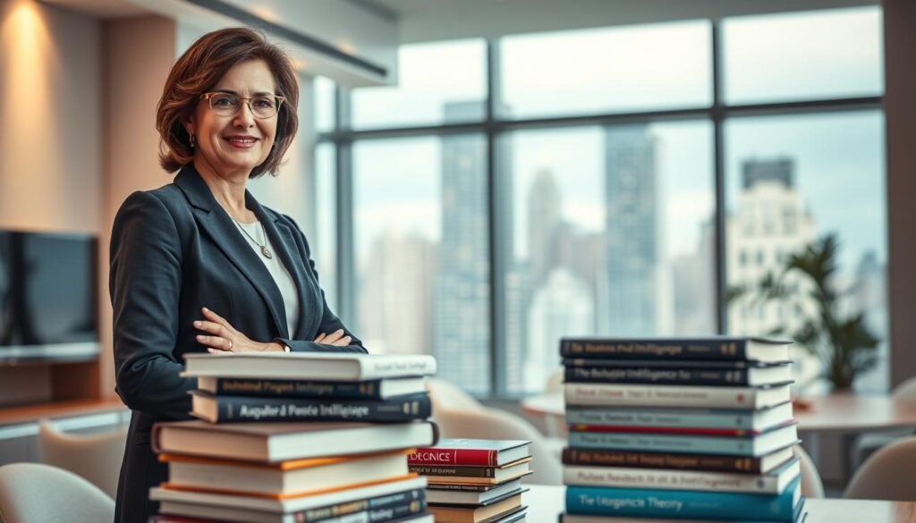 A portrait of Dr. Jo Furlan, a distinguished figure in the field of behavioral intelligence, standing confidently in a modern office setting. She is dressed in professional business attire, exuding a sense of authority and intellect. In the foreground, stacks of books on behavioral psychology and intelligence theories are prominently displayed, representing her expertise. In the middle ground, a large window reveals a vibrant cityscape, symbolizing the dynamic environment of her research and influence. The background features sleek, minimalist office decor, with soft lighting creating a warm and inviting atmosphere. The angle captures both her profile and the surrounding environment, enhancing the mood of professionalism and innovation. The overall color palette includes soft blues and earthy tones, conveying a sense of calm and focus. A portrait of Dr. Jo Furlan, a distinguished figure in the field of behavioral intelligence, standing confidently in a modern office setting. She is dressed in professional business attire, exuding a sense of authority and intellect. In the foreground, stacks of books on behavioral psychology and intelligence theories are prominently displayed, representing her expertise. In the middle ground, a large window reveals a vibrant cityscape, symbolizing the dynamic environment of her research and influence. The background features sleek, minimalist office decor, with soft lighting creating a warm and inviting atmosphere. The angle captures both her profile and the surrounding environment, enhancing the mood of professionalism and innovation. The overall color palette includes soft blues and earthy tones, conveying a sense of calm and focus.