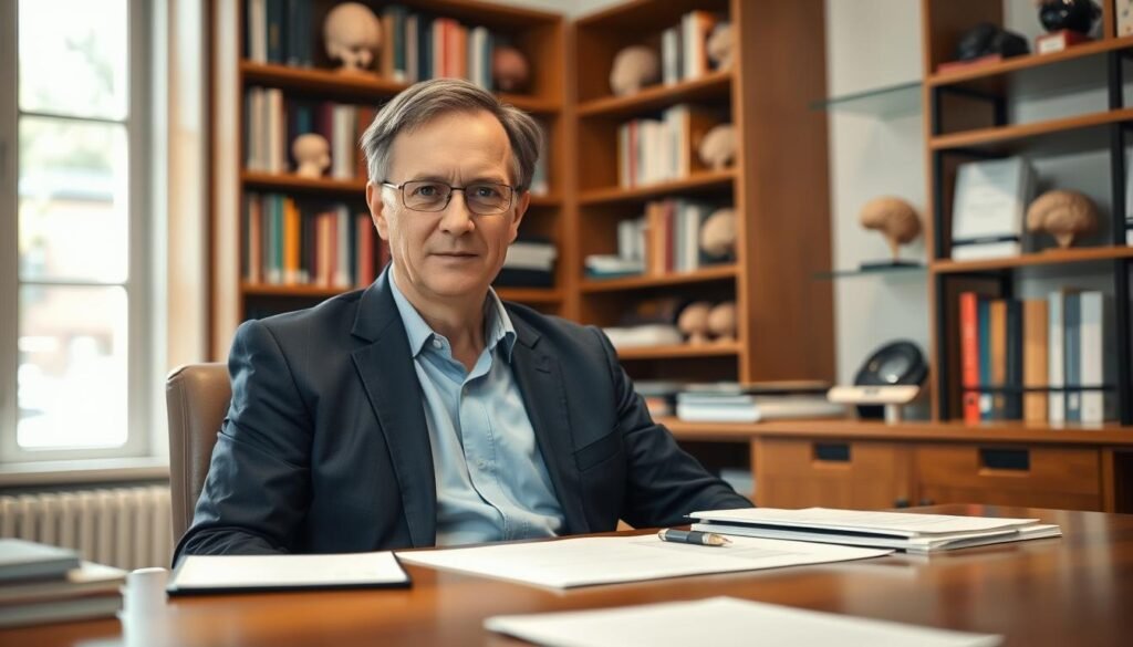 A portrait of Dr. Jo Furlan, a neuroscientist and professor, depicted in a professional setting. He is seated comfortably at a wooden desk, surrounded by shelves filled with research books and brain models. Dr. Furlan is in his early 50s, with short, neatly styled hair and wearing a smart navy blue suit with a light blue shirt. His expression is contemplative yet approachable, suggesting a deep passion for neuroscience. The foreground features his focused gaze, while the middle ground showcases notes and research papers scattered on the desk. In the background, a large window lets in soft, natural light, creating a warm atmosphere. The overall mood is inspiring and intellectual, inviting viewers into his world of research and education.