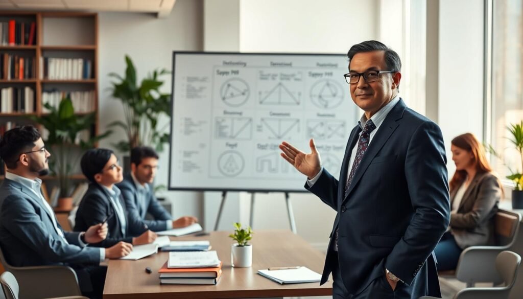A professional business setting featuring Dr. Jo Furlan, a distinguished figure in behavioral intelligence, standing confidently in front of a large whiteboard filled with diagrams relating to his theory. The foreground includes Dr. Furlan, a middle-aged male of Asian descent, dressed in a tailored navy suit and glasses, with a thoughtful expression as he gestures toward the board. In the middle ground, a group of diverse professionals, both men and women, are seated and actively engaged, taking notes. The atmosphere is vibrant, illuminated by soft, natural light filtering through large windows, fostering a sense of innovation and collaboration. The background showcases a modern office space with books and plants, creating an inspiring and intellectual ambiance.