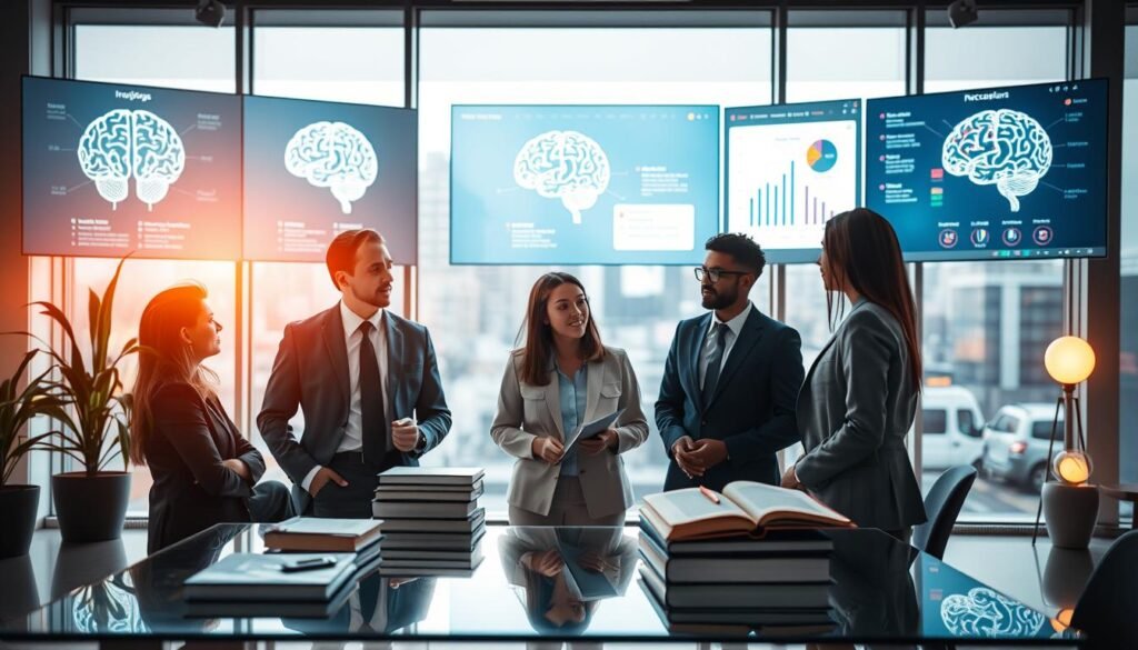A serene and professional workspace that embodies the concept of behavioral intelligence. In the foreground, a diverse group of three individuals in smart business attire—one man and two women—are engaged in a collaborative discussion, surrounded by digital screens displaying brain diagrams and charts reflecting cognitive processes. In the middle ground, a large glass table is adorned with books on psychology and self-improvement, while nearby, soft lighting casts a warm glow, enhancing the atmosphere of innovation and teamwork. In the background, a large window reveals a blurred urban landscape, symbolizing modernity and progress. The overall mood is inspiring and focused, evoking a sense of growth and intellectual exchange, captured from a slightly elevated angle to emphasize the collaborative spirit of behavioral intelligence.