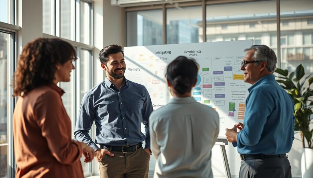 A serene, professional office environment illustrating the concept of behavioral intelligence. In the foreground, a diverse group of three people—two men and one woman—are engaged in a dynamic brainstorming session, their expressions showcasing focus and collaboration. The middle ground features a large, modern whiteboard filled with colorful mind maps and diagrams representing ideas and strategies for achieving results. The background shows a bright, airy office with large windows, soft natural light streaming in, creating a warm and inviting atmosphere. Soft shadows add depth, while a slightly elevated angle captures the vibrant energy of the scene. The overall mood is inspiring, motivating, and conducive to productive discussions about behavioral intelligence.