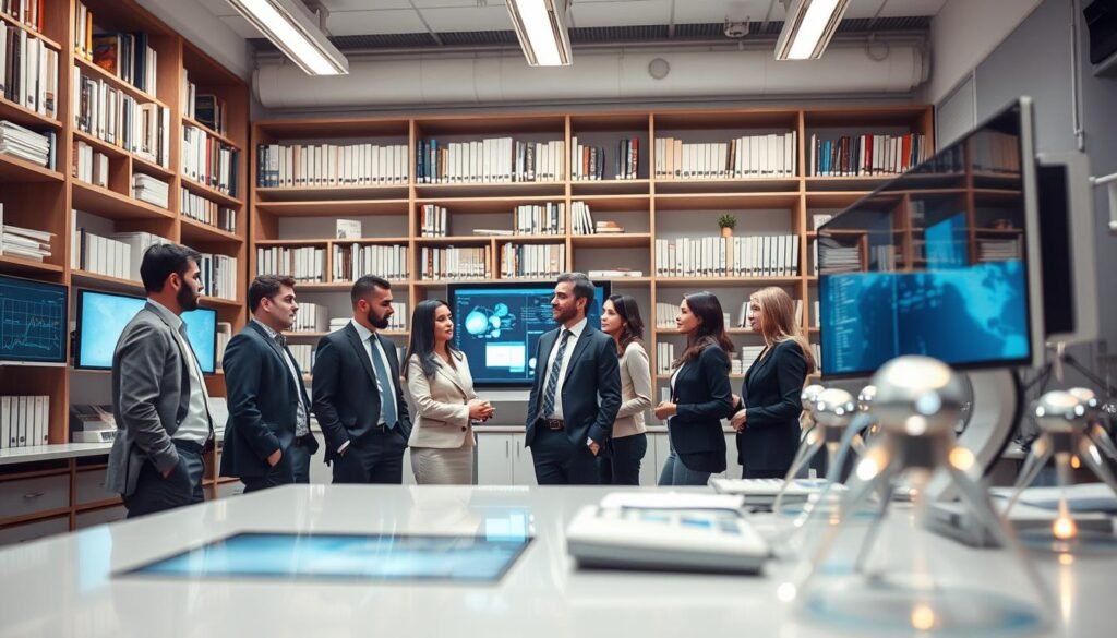 A sophisticated representation of "Behavioral Intelligence" grounded in scientific principles, featuring a modern laboratory setting. In the foreground, a diverse group of professionals is engaged in discussion, wearing professional business attire. The middle ground shows advanced technology, like screens displaying data and graphs related to cognitive theories. The background consists of bookshelves filled with academic texts and research papers, hinting at the historical context of intelligence studies. Soft, ambient lighting illuminates the room, creating a focused yet inviting atmosphere. The angle is a slightly elevated perspective, capturing the dynamic interaction among the individuals and the surrounding research environment, emphasizing collaboration and inquiry in the field of behavioral intelligence. A sophisticated representation of "Behavioral Intelligence" grounded in scientific principles, featuring a modern laboratory setting. In the foreground, a diverse group of professionals is engaged in discussion, wearing professional business attire. The middle ground shows advanced technology, like screens displaying data and graphs related to cognitive theories. The background consists of bookshelves filled with academic texts and research papers, hinting at the historical context of intelligence studies. Soft, ambient lighting illuminates the room, creating a focused yet inviting atmosphere. The angle is a slightly elevated perspective, capturing the dynamic interaction among the individuals and the surrounding research environment, emphasizing collaboration and inquiry in the field of behavioral intelligence.