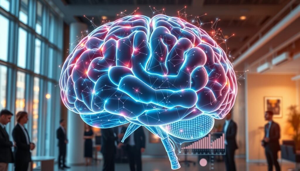 A visually captivating interpretation of "Applied Neuroscience in Behavior," showcasing a human brain composed of interconnected neural pathways, glowing synapses, and abstract representations of cognitive processes. In the foreground, a diverse group of professionals in business attire, intently studying a holographic brain model, symbolizing teamwork and collaboration. In the middle ground, soft glowing charts and data visualizations emerge, illustrating progress and behavioral intelligence development. The background features a sleek, modern office environment, with large windows allowing natural light to create an inviting atmosphere. Use a warm color palette to evoke motivation and optimism, captured from a slightly elevated angle to convey a sense of depth and focus. The overall mood should be inspiring, suggesting growth and potential in harnessing behavioral intelligence through neuroscience.