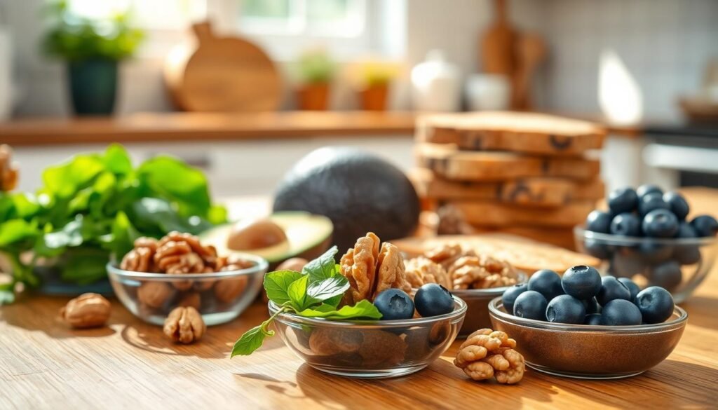 A beautifully arranged selection of brain-healthy foods on a wooden table. In the foreground, vivid green spinach, walnuts, and shiny blueberries are artfully displayed in small bowls. The middle ground features a vibrant avocado and slices of whole-grain bread, neatly stacked. In the background, a soft-focus display of a sunny kitchen hints at warmth and nourishment, with natural light filtering through a window, casting gentle shadows. The atmosphere is inviting and wholesome, conveying the idea of nutrition fostering cognitive function. The lens angle captures a slightly elevated view, emphasizing the freshness and vibrant colors of the ingredients, perfect for illustrating the connection between food and cognitive health.