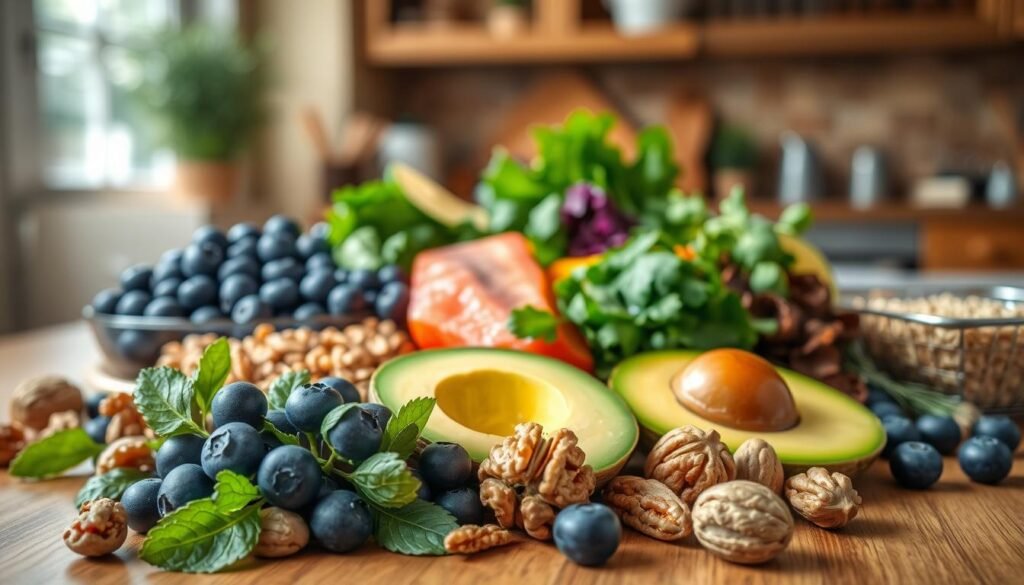 A beautifully arranged selection of brain-healthy foods, prominently featuring vibrant blueberries, walnuts, and avocados in the foreground. In the middle, add a colorful spread of leafy greens, oily fish, and complex grains, artistically presented as if on a wooden kitchen table. The background should convey a warm, inviting kitchen environment with soft natural light streaming in through a window, enhancing the freshness of the ingredients. Capture the scene from a slightly elevated angle to create depth. The mood should be serene and nourishing, evoking a sense of well-being and health, emphasizing the theme of foods that protect neurons and support cognitive functions.