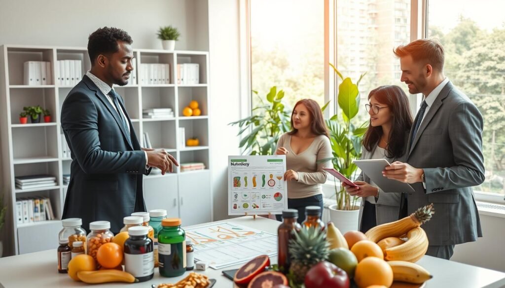 A bright, well-lit office space showcasing the concept of nutrology. In the foreground, a diverse group of three professionals in smart business attire, engaged in a discussion around a table filled with colorful supplement bottles and fresh, vibrant fruits. One is pointing to a detailed chart on nutrition, while another takes notes on a tablet. The middle ground features a modern bookshelf lined with health-related books and a potted plant for a touch of nature. In the background, a large window allows natural light to flood the space, highlighting the importance of nutrition in a healthy lifestyle. The atmosphere is one of collaboration and enlightenment, emphasizing the significance of nutrology in everyday health.
