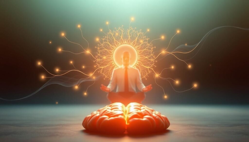 A conceptual image showcasing the effects of intermittent fasting on the brain. In the foreground, a brain is depicted in a radiant glow, symbolizing clarity and focus. Vivid neural pathways pulse with light, representing enhanced cognitive functions. In the middle ground, a serene figure in professional attire meditates, embodying tranquility and mental clarity. Surrounding the figure, soft flowing lines and abstract patterns evoke a sense of neuroprotection and well-being. The background features a soft gradient of calming blues and greens, suggesting a peaceful environment. Warm, natural lighting highlights the brain and the figure, creating an uplifting and inspiring atmosphere. The overall mood conveys harmony between the mind and body, illustrating the protective effects of intermittent fasting on the nervous system.