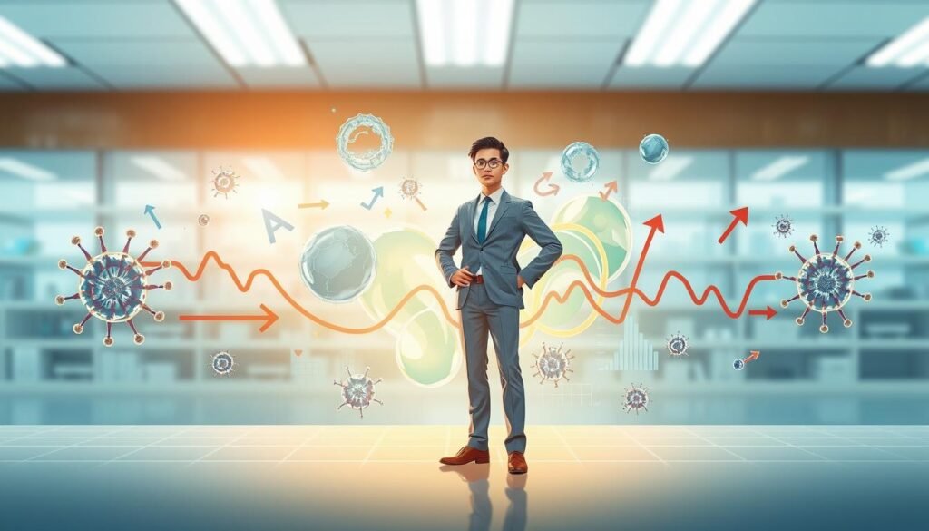 A conceptual representation of insulin resistance, featuring a detailed digital illustration of a human figure in professional attire, standing amidst a vibrant, abstract depiction of cellular structures and glucose molecules. In the foreground, the figure is positioned confidently, symbolizing knowledge and empowerment in managing health. The middle ground showcases dynamic, swirling representations of insulin spikes and resistance, with arrows and graphs indicating fluctuating levels. The background is a softly blurred laboratory setting, illuminated by gentle overhead lights, creating a professional atmosphere. The color palette includes calming blues and greens, enhancing the visual impact while maintaining a sense of clarity and focus. The mood is enlightening and serious, aimed at fostering a deeper understanding of metabolic health.