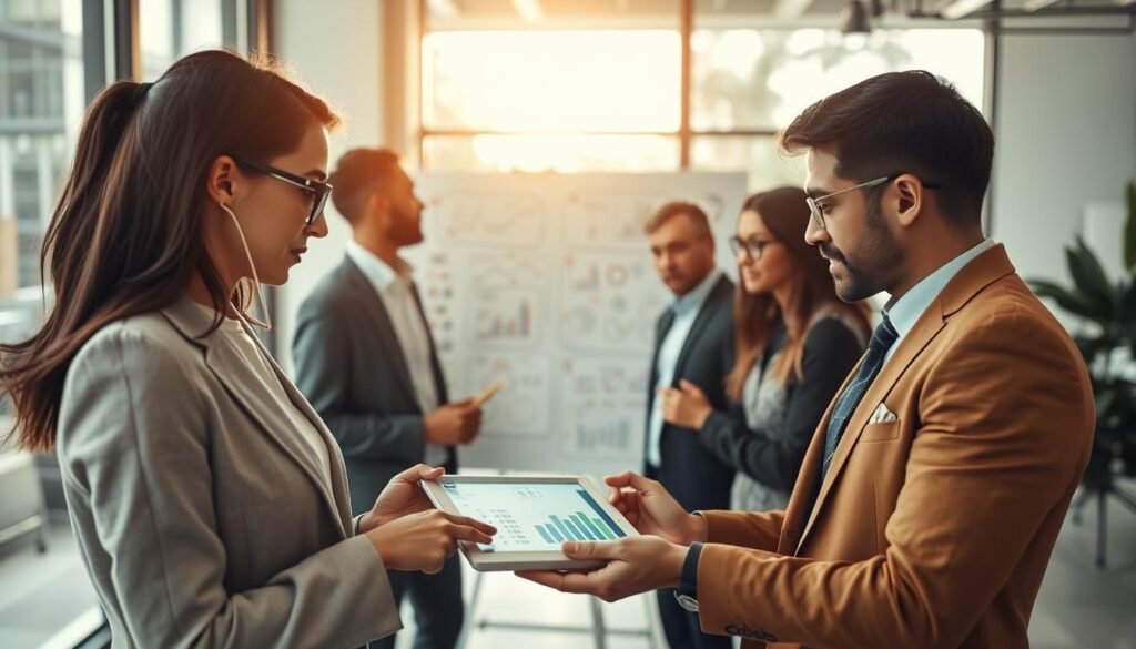 A conceptual visualization of "performance optimization" featuring a diverse team of professionals engaged in a dynamic brainstorming session. In the foreground, a businesswoman with glasses and a man in a smart suit are analyzing charts on a tablet, showcasing digital metrics and analytics. The middle ground includes a whiteboard filled with flowcharts and diagrams, symbolizing strategies for behavioral intelligence. The background features a modern office setting with large windows allowing natural light to flood the room, creating a bright and inspiring atmosphere. Use a wide-angle lens to capture the collaborative energy, with soft, warm lighting to evoke a sense of motivation and focus. The mood is intellectual and progressive, highlighting teamwork and innovative thinking.