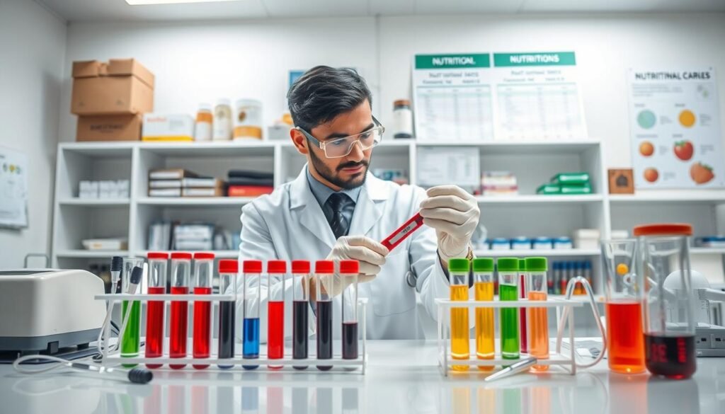 A detailed scene showcasing a professional medical setting focused on blood tests. In the foreground, a pristine laboratory table is neatly arranged with test tubes filled with colorful liquids and various medical instruments such as a centrifuge and pipettes. In the middle, a well-dressed healthcare professional in a white lab coat examines a blood sample, wearing safety goggles and gloves, ensuring a sense of professionalism and care. The background features shelves stocked with medical supplies and charts related to nutrient analysis, softly illuminated by bright, sterile overhead lighting. The atmosphere conveys a sense of thoroughness and precision, emphasizing the importance of nutritional assessment beyond traditional blood tests. The image should be clear, crisp, and well-composed, resembling a clinical environment.