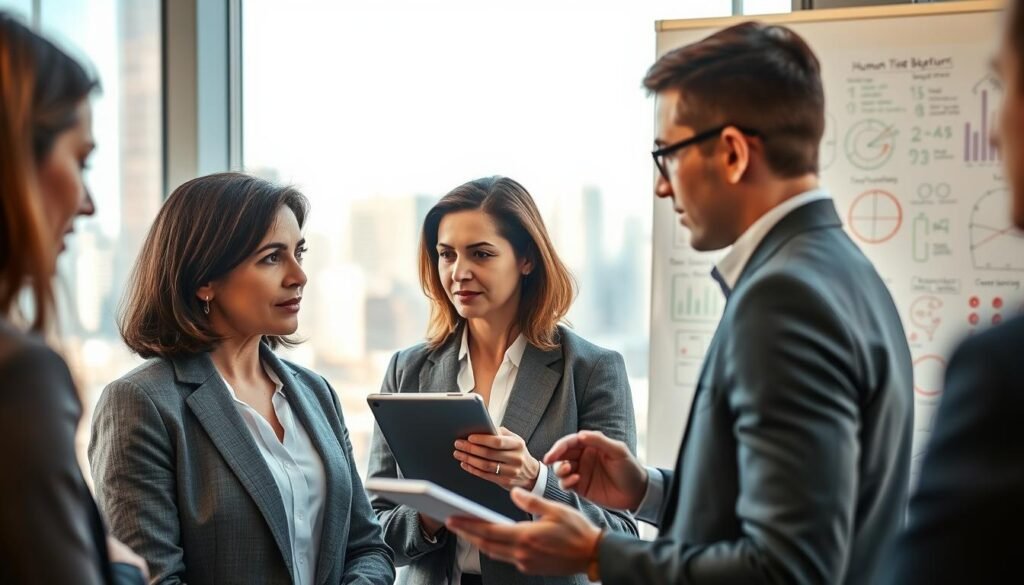 A dynamic scene depicting human behavioral analysis, featuring a diverse group of professionals in a modern office environment. In the foreground, a middle-aged woman in business attire is engaged in discussion, her facial expression intent and thoughtful. Beside her, a young man, also dressed in formal clothing, is analyzing data on a tablet. In the middle ground, a large glass window showcases a vibrant city skyline, reflecting the energy of their work. The background features a whiteboard filled with colorful diagrams and notes about human behavior patterns. Soft, warm lighting creates an inviting atmosphere, while a slight depth of field emphasizes the subjects. The image conveys a sense of collaboration and intellectual engagement, capturing the essence of human behavioral intelligence in action.