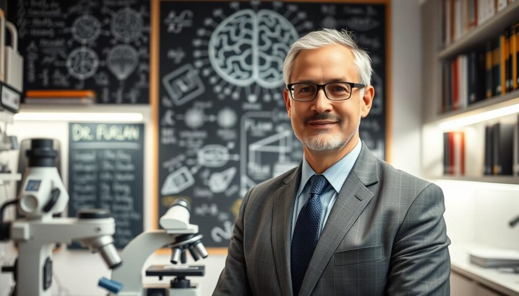 A focused portrait of Dr. Jô Furlan, an accomplished neuroscientist, standing in a modern laboratory filled with neuroscientific equipment. He is depicted in professional business attire, showcasing confidence and dedication to his field. In the foreground, a microscope and research notes are arranged, hinting at his work. The middle ground features a chalkboard filled with complex neural diagrams and formulas, emphasizing his intellectual contributions. In the background, soft, diffused lighting illuminates shelves filled with books on neuroscience and behavior, creating an atmosphere of innovation and learning. The image should evoke a sense of inspiration and determination, capturing Dr. Jô Furlan's journey in the realm of human behavioral intelligence.