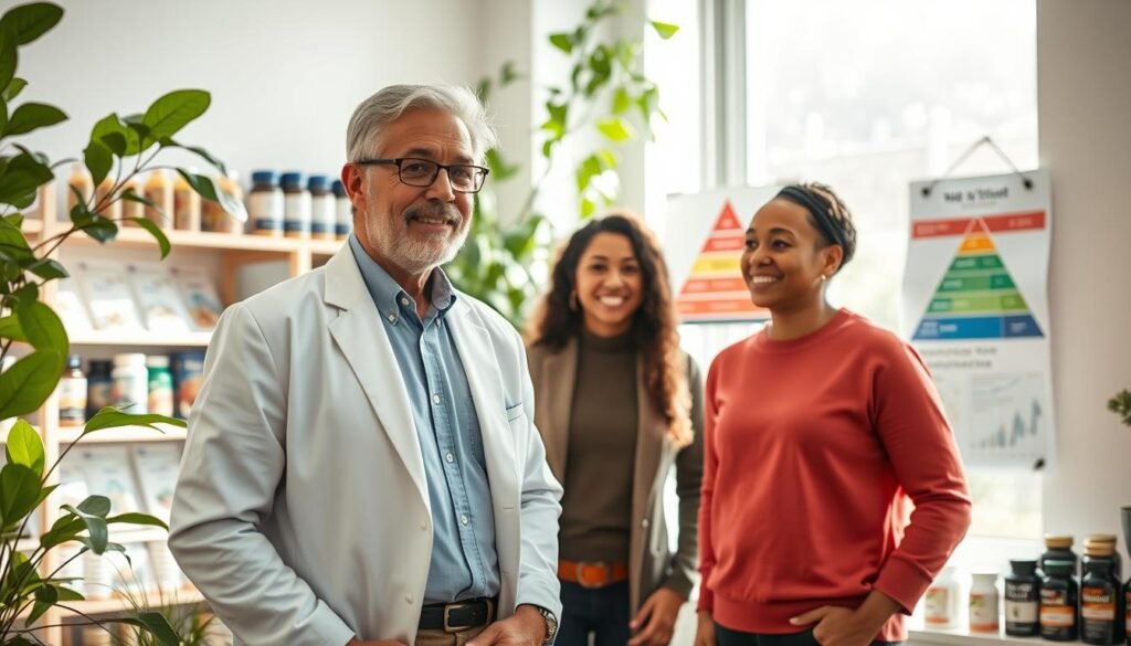A modern clinical nutritionist, a nutrologist, stands in a well-lit office, surrounded by health charts and nutritional supplements. The foreground features the nutrologist, a middle-aged individual wearing a smart, professional outfit, engaged in conversation with a diverse patient, both appearing optimistic and focused on health. In the middle ground, there are shelves displaying various health publications and a healthy food pyramid poster. The background includes a large window with natural light pouring in, illuminating green plants that add a calming atmosphere. The image should convey a sense of professionalism, warmth, and the transformative power of modern metabolic medicine, with a soft focus and clear details that highlight the importance of nutrition in adult health.