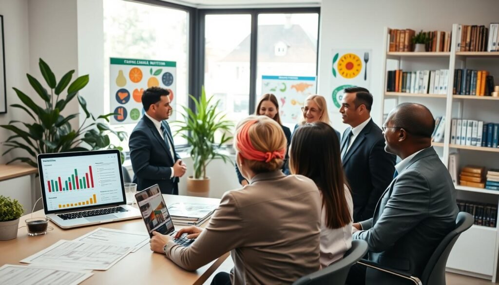 A modern clinical nutritionist's office, featuring a well-organized desk with nutritional plans and a laptop displaying metabolic health charts. In the foreground, a diverse group of adults in professional business attire are engaged in a discussion about nutritional strategies, showcasing an atmosphere of collaboration and knowledge exchange. The middle of the scene highlights a large window with natural light streaming in, illuminating a plant-filled corner and colorful posters illustrating healthy foods and metabolic processes. In the background, shelves filled with health books and awards signify expertise and dedication. The mood is optimistic and professional, reflecting the transformative power of clinical nutrition on adult health. Use soft, balanced lighting with a slight depth of field to emphasize the interacting figures.