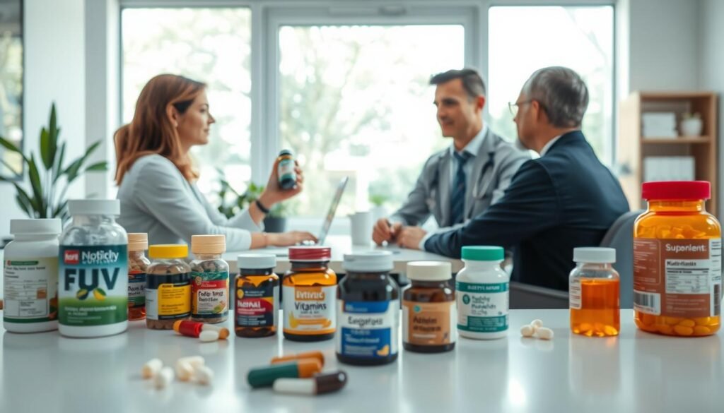 A modern, well-lit clinical setting showcasing various dietary supplements used in nutrology. In the foreground, a neatly organized table displays an array of colorful supplement bottles, including vitamins, minerals, and herbal extracts, all labeled clearly. The middle ground features a professional nutritionist in smart casual attire, holding a supplement bottle and engaging in a discussion with a patient seated at the table. In the background, a large window lets in natural light, highlighting greenery outside, creating a calming atmosphere. The overall mood is informative and supportive, emphasizing health and wellness. The scene is set at a slight angle, capturing both the supplements and the interactions effectively.