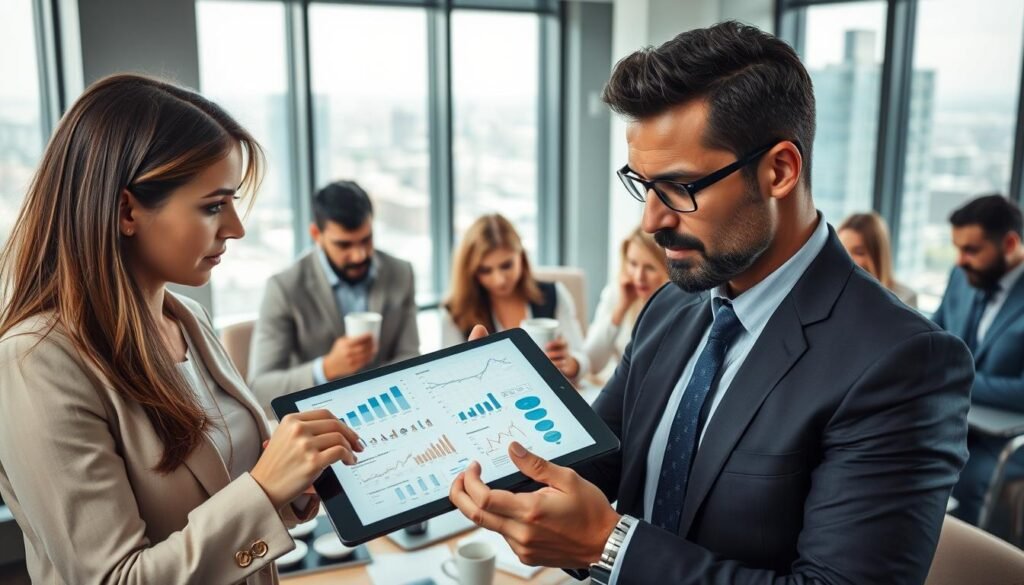 A professional business meeting scene showcasing a diverse group of individuals engaged in decision-making. In the foreground, two people—one woman and one man—in professional attire, thoughtfully examining a digital tablet filled with charts and graphs. In the middle ground, other team members are deep in discussion, with expressions of concentration and collaboration, surrounded by notes and coffee cups. The background features a large window with a city view, allowing natural light to flood the room, enhancing the atmosphere of focus and determination. The overall mood is serious yet optimistic, symbolizing the importance of thoughtful decision-making in achieving results. The composition should utilize a wide-angle lens to capture the dynamics of the group.