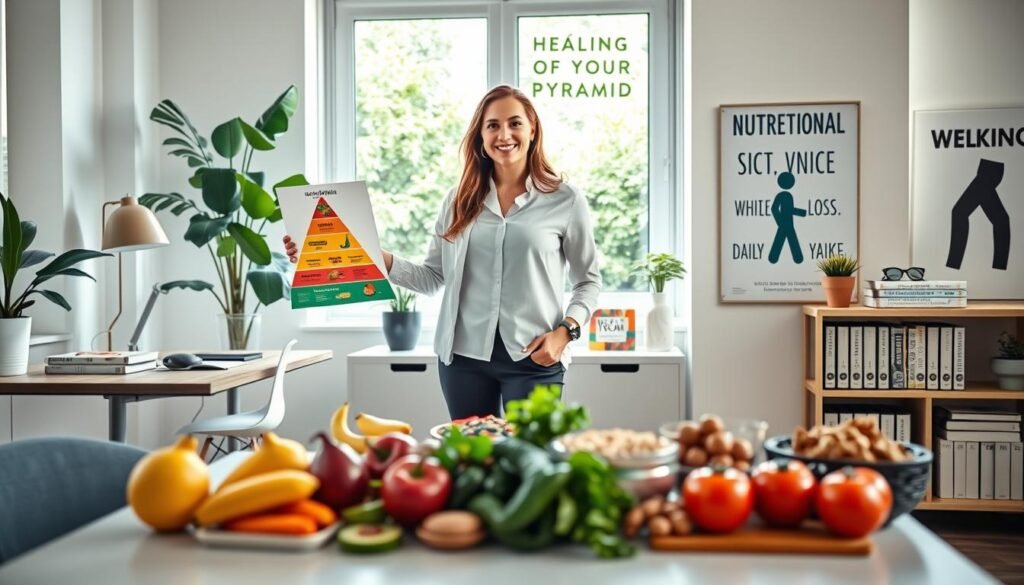 A professional nutritionist in a bright, modern office, standing next to a large window with natural light streaming in, holding a colorful food pyramid chart. In the foreground, a table with nutritious foods such as fruits, vegetables, and whole grains. In the middle ground, a stylish desk with books on nutritional science and weight loss strategies, and a motivational poster on the wall showcasing health benefits of daily walking. The background features greenery outside the window, creating a connection to wellness and vitality. The atmosphere is vibrant and optimistic, reflecting the guiding role of nutritionally informed choices in successful weight loss. Use soft lighting, a warm color palette, and a slightly upward angle to inspire a sense of hope and empowerment.