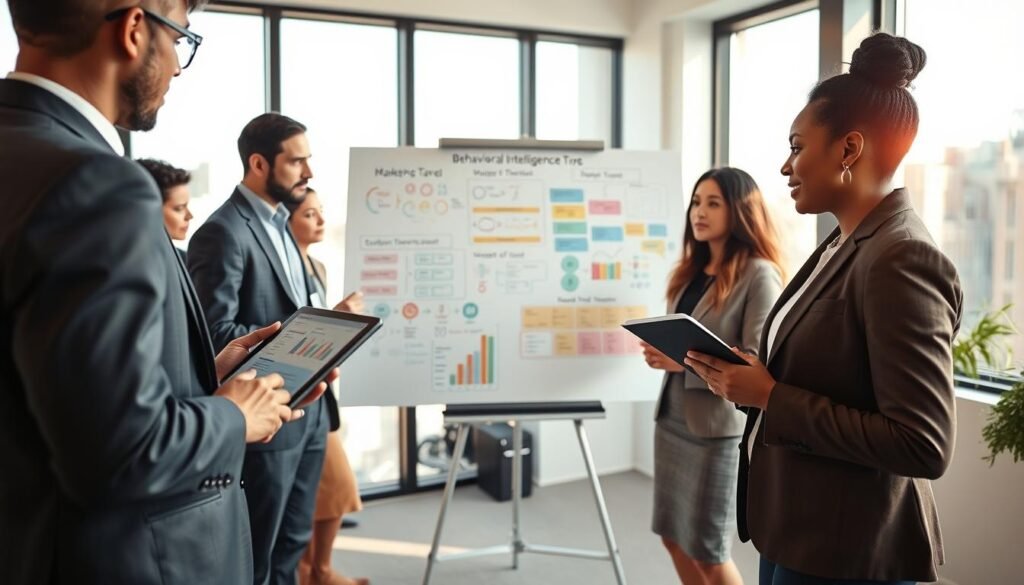 A professional office setting where a diverse group of individuals are engaged in a thoughtful discussion about behavioral intelligence. In the foreground, a man in a tailored suit is presenting data on a digital tablet, while a woman in professional attire notes key points on a notepad. The middle ground features a large whiteboard filled with colorful diagrams and flowcharts depicting decision-making processes and behavioral patterns. In the background, floor-to-ceiling windows allow natural light to flood the room, creating an inviting atmosphere. The lighting is bright and warm, conveying a sense of collaboration and innovation. Lens focus should capture both the presenters and the interactive materials, emphasizing the importance of behavioral analysis in decision-making outcomes.