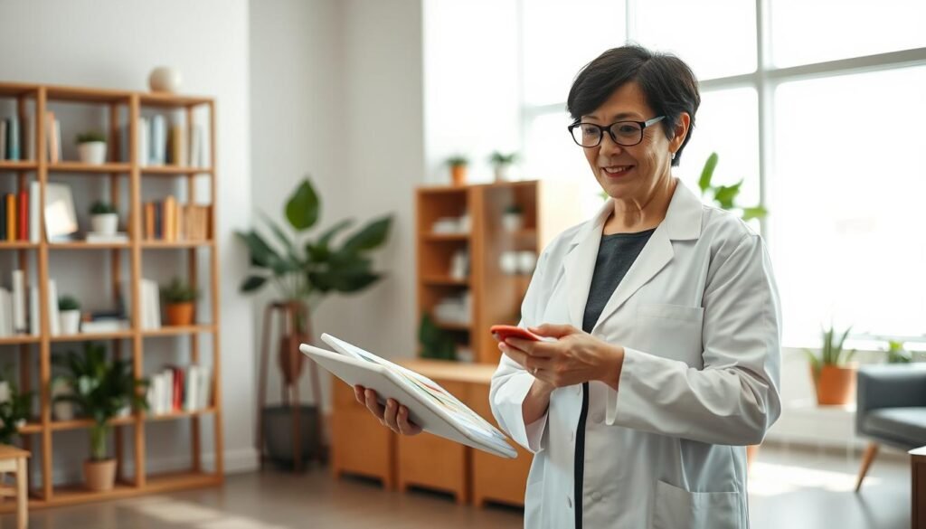 A professional portrait of Dr. Jo Furlan, a pioneer in behavioral nutrition, standing confidently in a modern clinic environment. In the foreground, Dr. Furlan, a middle-aged individual with short dark hair and glasses, dressed in a crisp white lab coat over a smart casual outfit, is examining a tablet filled with nutrition data. The middle ground showcases a contemporary office with shelves filled with health-related books and potted plants, creating a welcoming atmosphere. In the background, large windows allow soft, natural light to illuminate the space, enhancing the feeling of openness. The mood conveys professionalism and innovation, emphasizing the importance of modern metabolic medicine in adult health. A shallow depth of field blurs the background slightly, focusing attention on Dr. Furlan’s engaged expression.