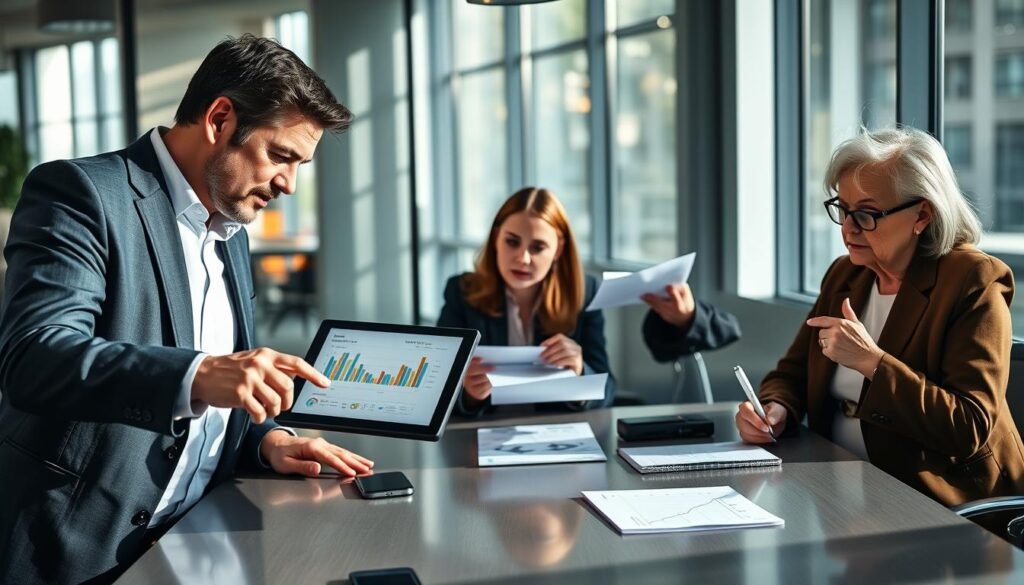 A professional setting focused on the theme of decision-making, featuring a diverse group of three individuals in professional attire engaged in a strategic discussion around a modern conference table. In the foreground, a middle-aged male leader points at an organized chart on a digital tablet, showing various data points. The middle ground is filled with a thoughtful young woman analyzing a set of documents. To the side, an older woman with glasses scribbles notes, fostering a collaborative atmosphere. The background includes large windows with natural light streaming in, casting soft shadows across the space. The mood is focused and dynamic, with hints of innovation and teamwork in the air, subtly reflecting the concept of behavioral intelligence. The image is captured with a slight tilt, emphasizing the engagement of the group.