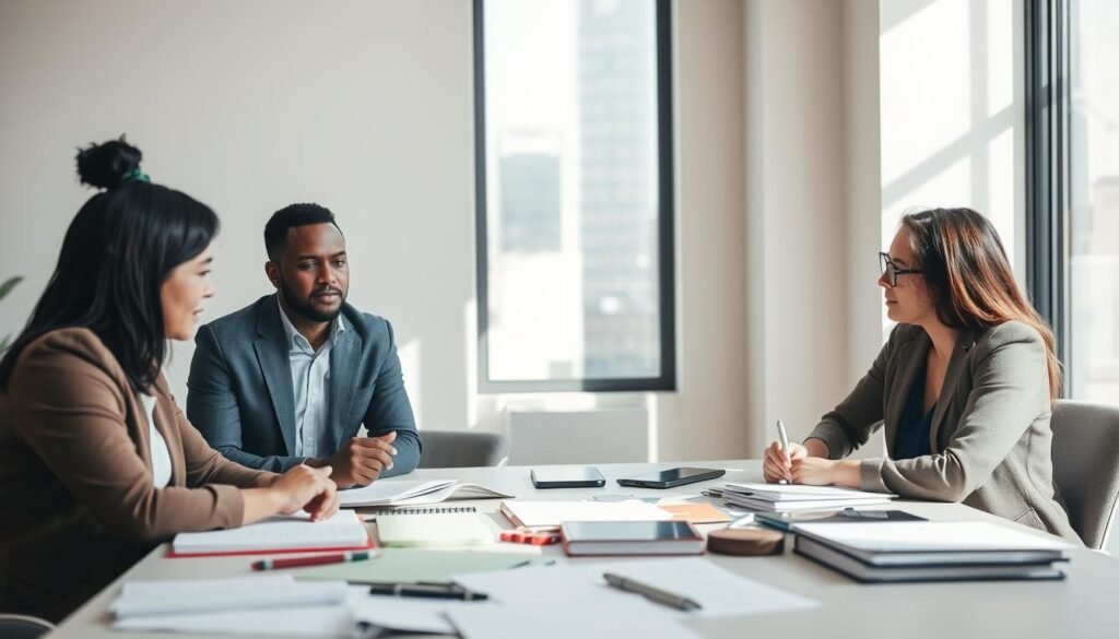 A professional setting showcasing human behavior and interaction. In the foreground, a diverse group of three individuals in business attire engaged in a collaborative discussion around a table cluttered with notebooks and digital devices. One person gestures animatedly, while the others listen attentively, illustrating the dynamics of human intelligence and behavior. In the middle, a large window allows natural light to stream in, creating a warm and inviting atmosphere. Soft shadows are cast on the walls, highlighting the thoughtful expressions of the participants. The background features a subtle cityscape visible outside, hinting at the world beyond their discussion. The overall mood is focused yet collaborative, emphasizing the importance of understanding human behavioral intelligence in a professional context.