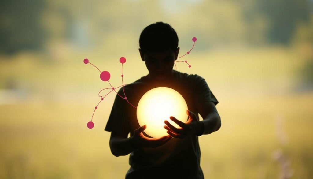 A serene, abstract representation of "silent inflammation." In the foreground, a human silhouette, clothed in modest casual attire, gently cradles a glowing orb that symbolizes inflammation. The orb emits soft, warm light, casting subtle shadows that suggest discomfort. In the middle, organic shapes and lines swirl in muted tones of red, orange, and purple, hinting at inflammation within the body. The background features a tranquil, blurred nature scene, incorporating soft greens and blues to convey a sense of calmness and healing. The lighting is soft and diffused, creating an ethereal atmosphere. Capture this moment from a slight low angle to emphasize the relationship between the figure and the glowing orb, evoking a sense of introspection and awareness of silent inflammation.