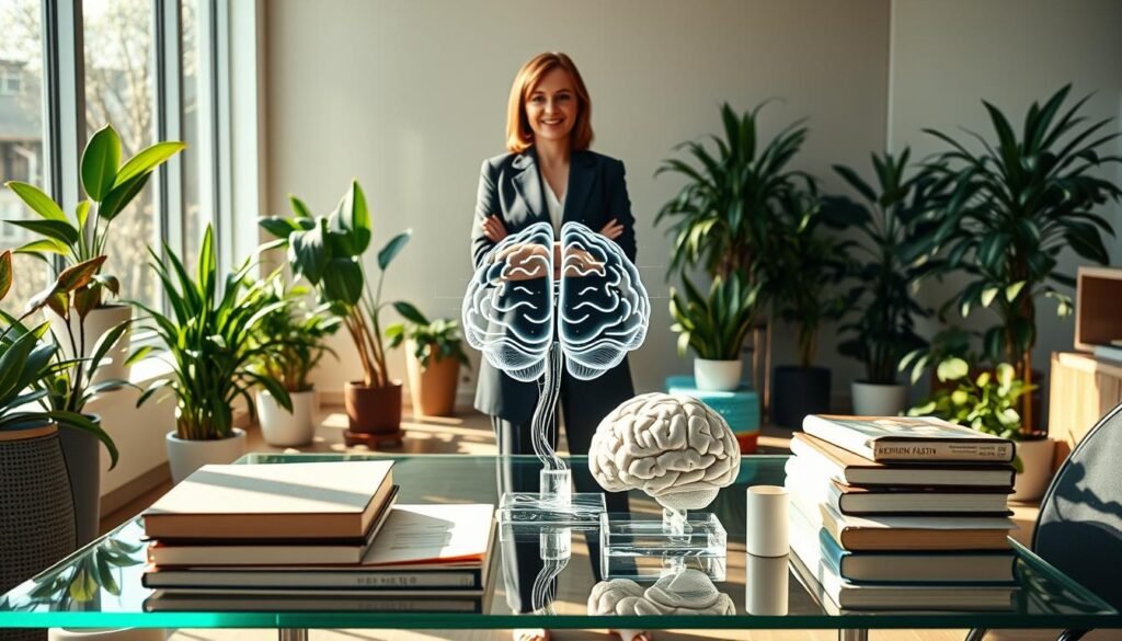A serene and inspiring scene depicting Dr. Jo Furlan, a poised female figure in professional attire, standing confidently in a modern office filled with plants and natural light. In the foreground, a clear glass table holds various scientific books about intermittent fasting and cognitive functions. The middle ground features an anatomical brain model, symbolizing focus and mental clarity, paired with digital graphs that illustrate cognitive enhancement. The background showcases large windows with sunlight streaming in, creating a warm and inviting atmosphere, while soft shadows add depth to the scene. The composition should convey a sense of clarity, professionalism, and inspiration, prompting thoughts of how intermittent fasting can enhance cognitive abilities.