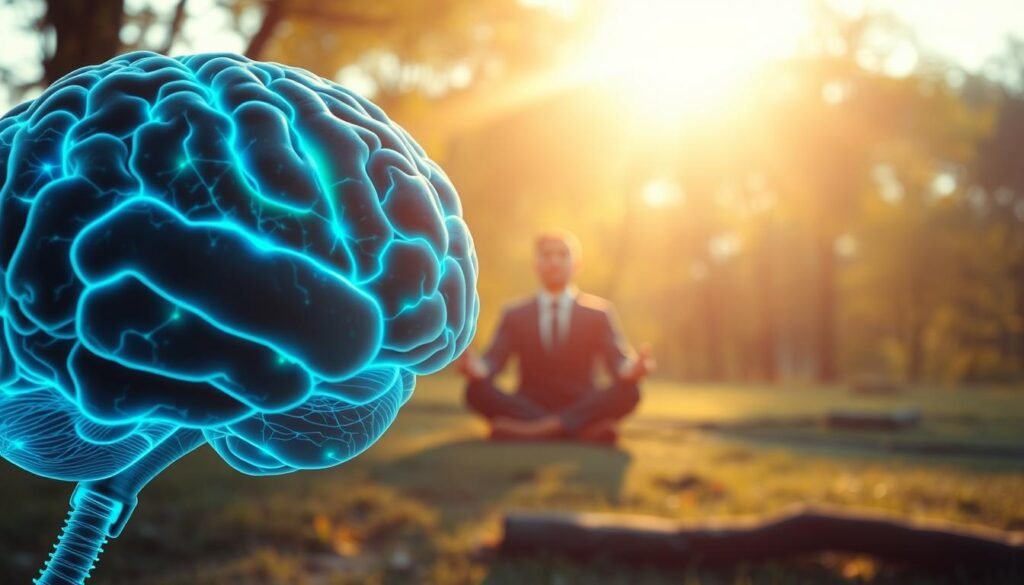 A serene and inspiring scene depicting the concept of intermittent fasting and neuroplasticity. In the foreground, a brain is beautifully illuminated, showcasing neural pathways glowing in vibrant blue and green hues, symbolizing enhanced cognitive function. In the middle ground, a person in professional attire is thoughtfully meditating, surrounded by soft, diffused light that creates an atmosphere of focus and clarity. The background features a tranquil nature setting with gentle sunlight filtering through trees, representing the connection between mind and body. The overall mood is calm and empowering, evoking a sense of mental clarity and cognitive growth. The image is captured with a shallow depth of field to emphasize the brain's details and the meditating figure, using soft, warm tones to enhance the peaceful ambiance.