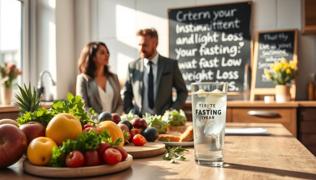 A serene and inviting kitchen setting bathed in natural light, showcasing a stylish dining table with an assortment of healthy foods—colorful fruits, leafy greens, and a glass of infused water to symbolize hydration. In the foreground, a diverse group of three adults in professional business attire gathered around the table, engaged in animated conversation, appearing focused and motivated. In the background, a chalkboard or whiteboard displays inspiring phrases about intermittent fasting and weight loss, emphasizing positive energy and commitment. The warm, uplifting atmosphere highlights the benefits of intermittent fasting for weight loss, with soft shadows cast by the sunlight through a nearby window, creating an engaging and motivating environment. Close-up angle to create intimacy in the scene, with a depth of field that softly blurs the background elements.