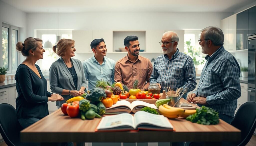 A serene and inviting scene illustrating the concept of nutritional behavior. In the foreground, a diverse group of three adults – a middle-aged woman, a young man, and an elderly man – engage in a conversation, surrounded by colorful fruits, vegetables, and whole foods on a sleek wooden table, dressed in casual professional attire. The middle layer features an open cookbook and various kitchen utensils, symbolizing dietary choices and the importance of nutrition. In the background, a softly lit, modern kitchen with large windows allowing natural light to illuminate the space, creating a warm and positive atmosphere. The overall mood conveys a sense of collaboration and discovery in nutrition, emphasizing wellness and long-term health.