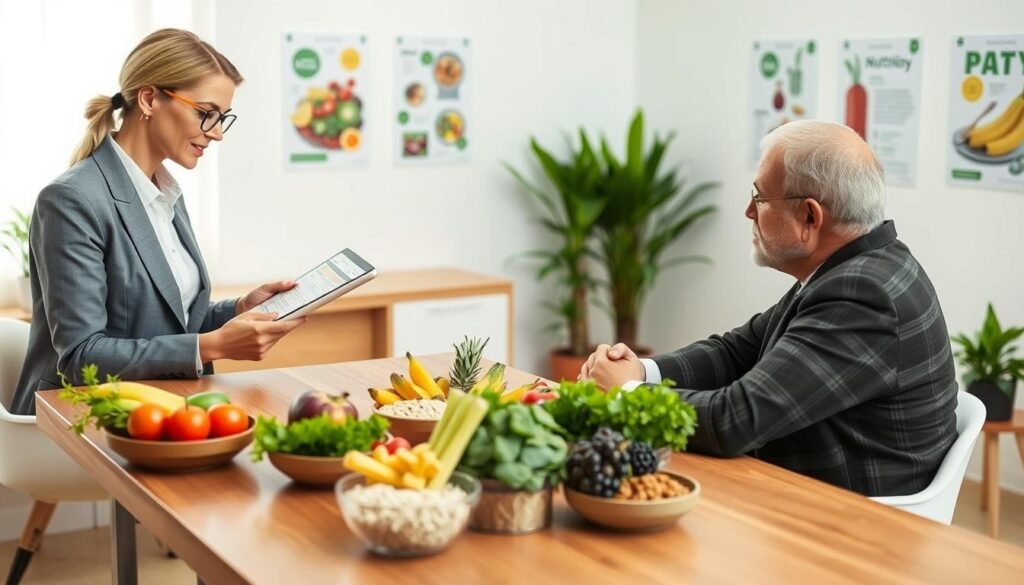 A serene and organized consultation room focused on "behavioral nutrition," emphasizing its role in intermittent fasting. In the foreground, a professional nutritionist, dressed in a smart business attire, examines a healthy meal plan on a tablet while discussing with a client, a middle-aged person listening attentively, seated across a sleek wooden table. In the middle, a variety of nutritious foods like fruits, vegetables, and whole grains are artfully arranged in bowls, symbolizing balanced diet choices. The background features a calming, well-lit environment with soft natural light filtering through a window, plants providing a touch of greenery, and dietary posters on the walls, creating an atmosphere of health and well-being. The overall mood is professional and inviting, reflecting a supportive space for discussing nutrition.