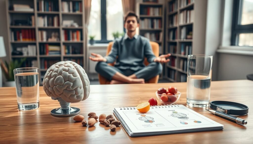 A serene and professional workspace featuring a sleek wooden desk with healthy foods such as fruits, nuts, and a glass of water, symbolizing intermittent fasting. In the foreground, an elegant brain model sits beside a notepad with diagrams illustrating brain health, focus, and clarity. The middle ground includes a softly lit ambiance with natural light pouring through a window, illuminating a cozy chair where a person in modest casual attire is engaging in mindfulness meditation, reflecting concentration and mental clarity. The background shows bookshelves filled with literature on neuroscience and health, creating a scholarly atmosphere. The mood is calm and focused, embodying the essence of intermittent fasting's benefits for brain health. The angle is slightly above eye level, capturing both the subject and environment harmoniously.