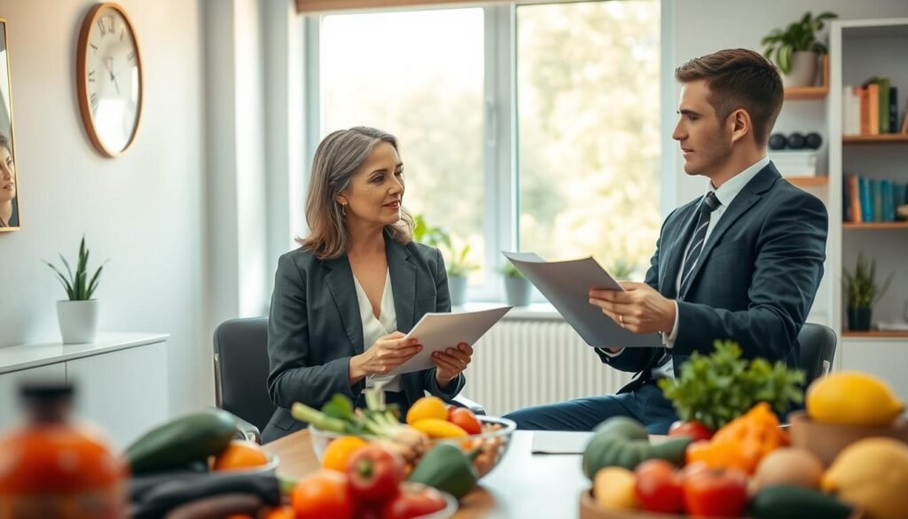 A serene consultation room dedicated to behavioral nutrition, featuring a professional nutritionist and a client. In the foreground, the nutritionist, a middle-aged woman in smart casual attire, is attentively discussing a personalized dietary plan with the client, a young man dressed in business casual. They are surrounded by an array of colorful fruits and vegetables on a wooden table, symbolizing healthy eating. In the middle background, a large window allows warm, natural light to flood the space, creating an inviting atmosphere. Stylish decor includes shelves with nutrition books and potted plants. The scene is captured with a soft focus lens, giving it a calm and professional mood, highlighting the importance of understanding behavioral aspects in nutrition.
