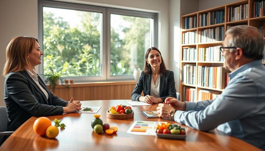 A serene consultation room focused on behavioral nutrition, featuring a professional dietitian seated at a sleek wooden table, wearing smart business attire. She is engaged in a thoughtful discussion with a middle-aged adult client, who appears reflective and attentive. In the foreground, colorful food models and behavioral nutrition charts are artfully arranged on the table. The middle ground showcases soft-focus greenery through a large window, allowing natural light to pour in, creating a warm and inviting atmosphere. A bookshelf filled with nutrition and health literature lines the back wall, emphasizing the modernity of clinical nutrition. The lighting is bright but soft, evoking a sense of hope and transformation in health. The overall mood is one of professionalism, trust, and empowerment in health management.