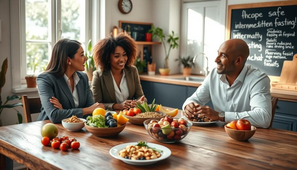 A serene, inviting kitchen scene showcasing a diverse group of three individuals—two women and one man, dressed in professional business attire—sitting at a rustic wooden table. They engage in an interactive discussion about safe intermittent fasting, with healthy, colorful foods such as fruits, vegetables, and nuts artfully arranged around them. The foreground features a well-prepared plate of a balanced meal, emphasizing moderation and nutritional balance. In the background, soft natural light streams through a window, creating a warm and welcoming atmosphere. Behind them, there are potted plants and a chalkboard with handwritten notes on intermittent fasting benefits. The overall mood is informative and encouraging, resonating with health and wellness.
