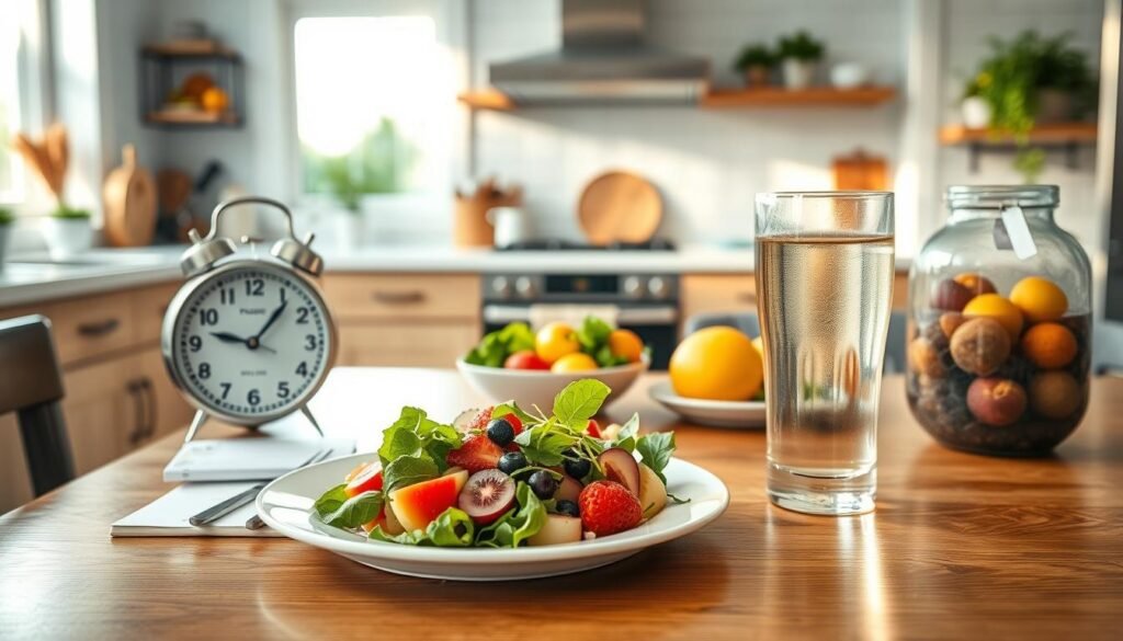 A serene kitchen scene showcasing the concept of intermittent fasting. In the foreground, a beautifully arranged wooden dining table, with an elegant plate featuring a colorful salad, a bowl of fresh fruits, and a glass of infused water. Midground elements include a clock displaying the fasting window and a notebook with notes about fasting benefits. The background features a well-lit kitchen with soft sunlight filtering through a window, casting warm highlights. The atmosphere is calm and focused, suggesting health and wellness, with a subtle hint of greenery from potted herbs. Use soft natural lighting, and capture the scene with a slightly elevated perspective, giving a panoramic view of the entire setting.