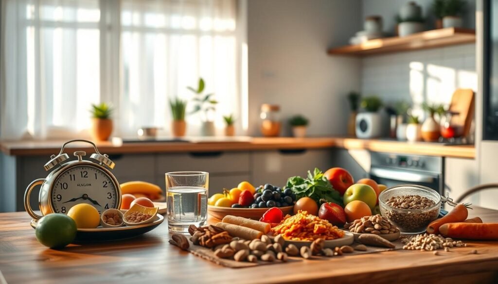 A serene kitchen setting, displaying a beautifully arranged breakfast table with an elegant clock showing 12:00 PM, symbolizing the end of a fasting period. In the foreground, a vibrant assortment of healthy foods, such as fresh fruits, nuts, and whole grains, neatly laid out. In the middle, a wooden table with a glass of water and a balanced meal, conveying the idea of health and nourishment. Soft, natural lighting filters through a nearby window, casting gentle shadows and creating a calm atmosphere. In the background, a clean and modern kitchen with plants and kitchenware, enhancing the inviting mood. The overall feel should convey balance and wellness, illustrating the concept of intermittent fasting in a safe and appealing manner.