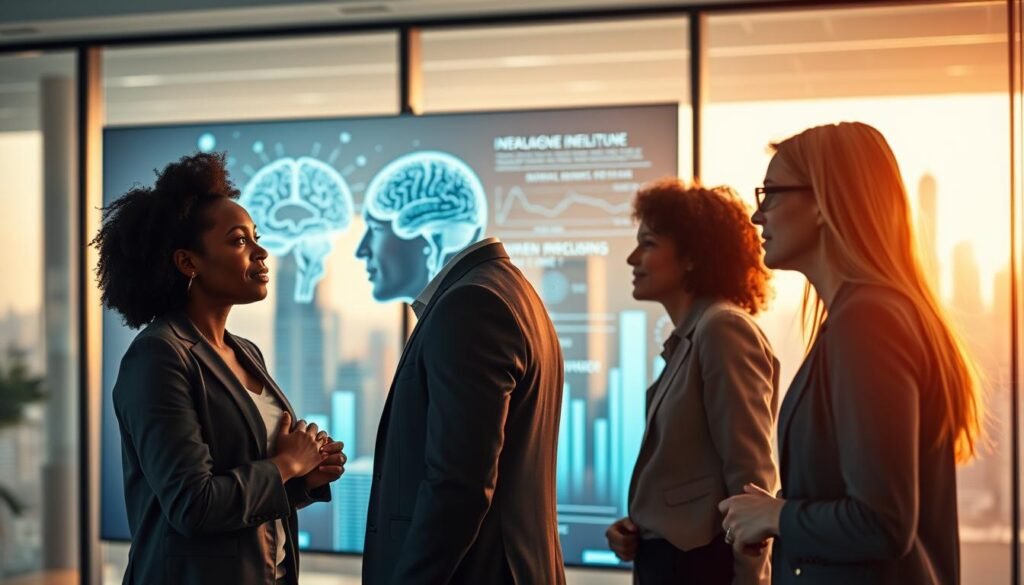 A serene, modern office environment focused on human behavioral intelligence. In the foreground, a diverse group of three professionals – a Black woman, a Hispanic man, and a Caucasian woman – engaged in a dynamic discussion, representing collaboration and the sharing of ideas. They are dressed in smart business attire, illustrating professionalism. In the middle ground, a large digital screen displays abstract visuals of brain patterns and behavioral data, emphasizing the concept of human intelligence. The background features glass walls with a city skyline, bathed in soft, natural light that creates a warm and inviting atmosphere. The mood is inspiring and thoughtful, capturing the essence of intelligent collaboration in a contemporary workspace.