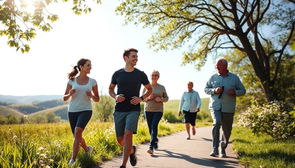 A serene outdoor scene showcasing a diverse group of individuals, dressed in comfortable athletic clothing, engaging in a brisk walk along a sun-dappled park trail. In the foreground, a middle-aged woman and a young man share a light-hearted conversation, while in the middle distance, an elderly couple walks hand-in-hand, exuding a sense of companionship and health. Lush greenery frames the path, with blooming flowers adding vibrant colors. The background features gentle hills under a bright blue sky, evoking a peaceful yet invigorating atmosphere. Soft, warm sunlight filters through the leaves, creating dappled shadows on the ground. Capture this moment from a slightly elevated angle to emphasize the joyful energy and health benefits associated with walking, reflecting the positive impact on insulin resistance and metabolic health.