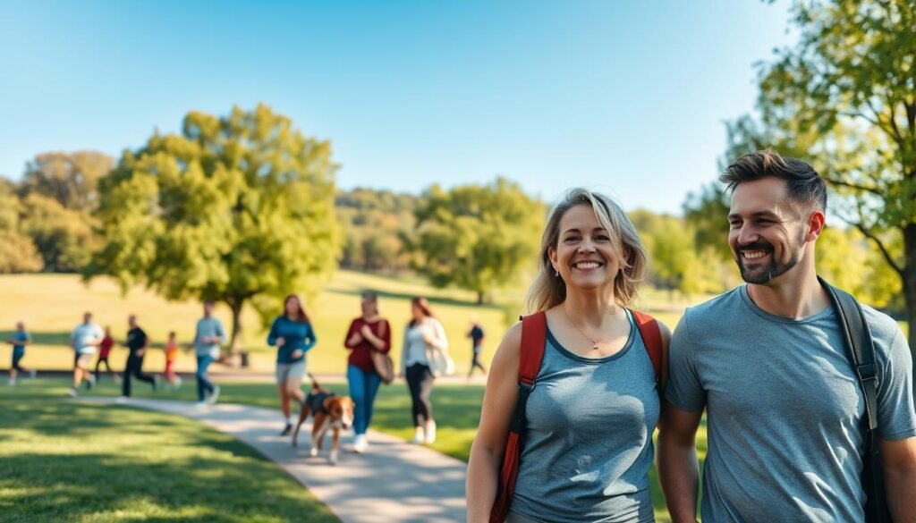 A serene park scene featuring a diverse group of individuals engaged in a leisurely walk, embodying the theme of "walking and mental health." In the foreground, a middle-aged woman in casual athletic wear smiles as she walks with a younger man, both exuding a sense of calm and joy. In the middle ground, other walkers interact with nature, some jogging or strolling with dogs. The background shows lush trees and soft rolling hills under a bright blue sky, softly illuminated by warm sunlight, casting gentle shadows. The atmosphere is peaceful and uplifting, emphasizing the connection between walking and psychological well-being, evoking feelings of tranquility and mental clarity. The image should capture a wide angle to reflect the spaciousness of the park and the diverse community engaged in healthy activity.