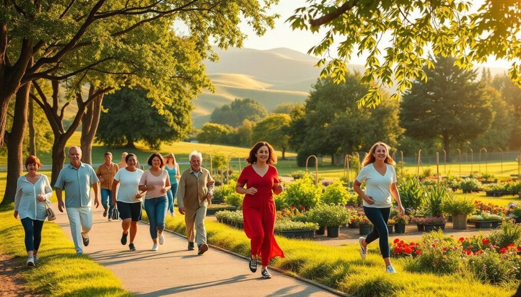 A serene park scene illustrating the impact of walking on metabolic health. In the foreground, a diverse group of adults in modest casual clothing energetically walking along a tree-lined path, showcasing various age groups and ethnicities. In the middle ground, a vibrant community garden filled with vegetables and flowers symbolizes nutrition and health. The background features gentle rolling hills bathed in soft sunlight, enhancing the feeling of tranquility and well-being. The lighting is warm and inviting, suggesting a late afternoon golden hour with long shadows. The mood is uplifting and encouraging, emphasizing vitality and the importance of physical activity for metabolic benefits. Focus on a wide-angle perspective to capture the environment's expansiveness and connection to nature.