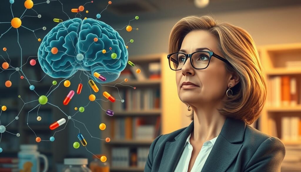 A sophisticated illustration depicting the intersection of neuroscience and behavioral nutrition, highlighting Dr. Jo Furlan, a pioneering figure in the field. In the foreground, a professional woman in business attire, engaged in deep thought, surrounded by neural pathways and colorful nutrition supplements. The middle ground features an assortment of vibrant supplements, like capsules and powders, intermingled with brain synapses. In the background, a softly blurred laboratory or consultation room filled with books on nutrition and neuroscience. The lighting is warm and inviting, creating a focused yet inspiring atmosphere, captured with a shallow depth of field to emphasize the subject's contemplative expression. The angle is slightly elevated to provide a comprehensive view, intertwining elements of science and health in a cohesive visual narrative.