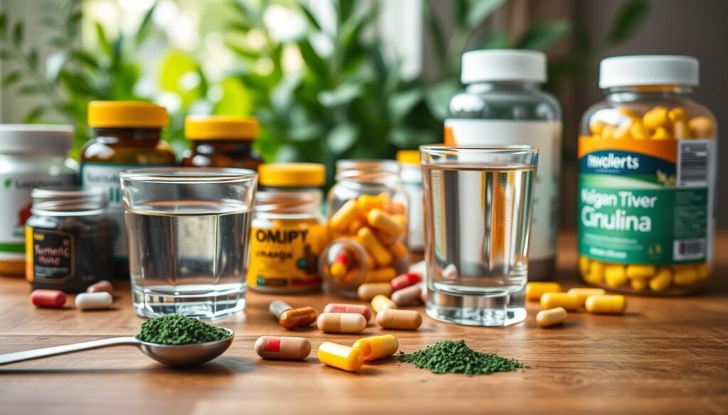 A stylish and modern flat lay arrangement of various dietary supplements, including colorful capsules, powdered supplements in jars, and vitamin bottles, neatly displayed on a wooden tabletop. In the foreground, a measuring spoon with a scoop of green spirulina powder beside a glass of water. In the middle, a few open capsules spilling out ingredients, such as turmeric and omega-3. The background features soft-focus greenery, symbolizing health and wellness, with warm, natural lighting that creates an inviting atmosphere. The camera is positioned at a shallow angle to emphasize the textures and colors of the supplements, conveying a sense of organization and clarity about nutritional health.