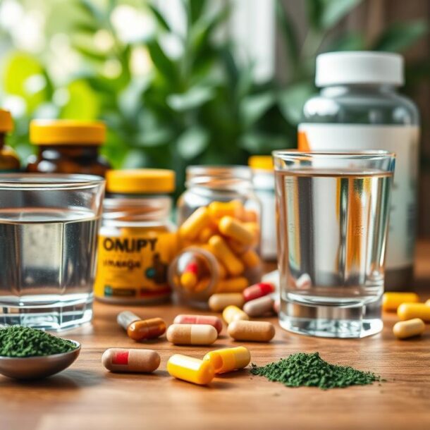 A stylish and modern flat lay arrangement of various dietary supplements, including colorful capsules, powdered supplements in jars, and vitamin bottles, neatly displayed on a wooden tabletop. In the foreground, a measuring spoon with a scoop of green spirulina powder beside a glass of water. In the middle, a few open capsules spilling out ingredients, such as turmeric and omega-3. The background features soft-focus greenery, symbolizing health and wellness, with warm, natural lighting that creates an inviting atmosphere. The camera is positioned at a shallow angle to emphasize the textures and colors of the supplements, conveying a sense of organization and clarity about nutritional health.